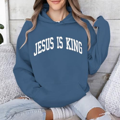 Sulayesh Christian Jesus Loves You Hoodies Women Religious Faith God Jesus Is King Sweatshirts Bible Verse Inspirational Tops - color: Deep Blue, size: Medium