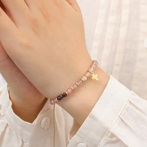 Christian Gifts for Women, Cross Bracelet, Natural Stone Beaded Jewelry - color: Pink