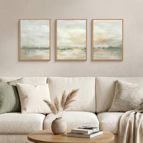 LHIUEM Abstract Green Gray Pastel Framed Canvas Wall Art,Neutral Landscape Wall Decor,Modern Watercolor Lake Artwork,Beige Textured Illustrations Art for Living Room,Bedroom,Office- 12"x16"x3 - color: Neutral Green Wall Art, size: 12''x16''x3