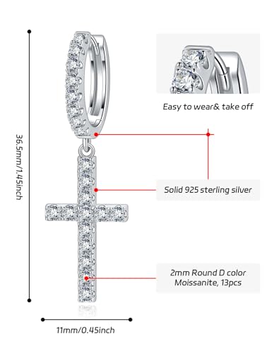 Moissanite Sterling Silver Cross Earrings for Women Huggie Drop - color: Cross Dangle (Silver)