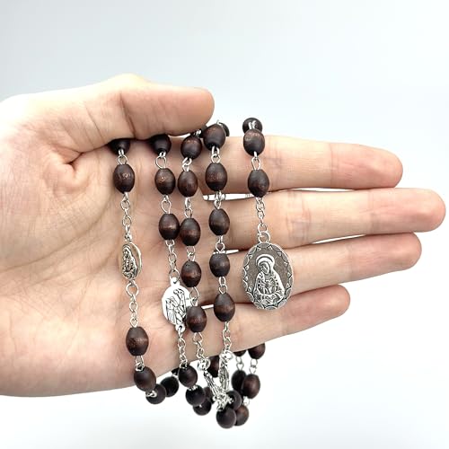 Seven Sorrows of Mary Rosary Wooden Beads Catholic Jewelry Necklace for Pray - color: Brown