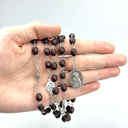 Seven Sorrows of Mary Rosary Wooden Beads Catholic Jewelry Necklace for Pray - color: Brown