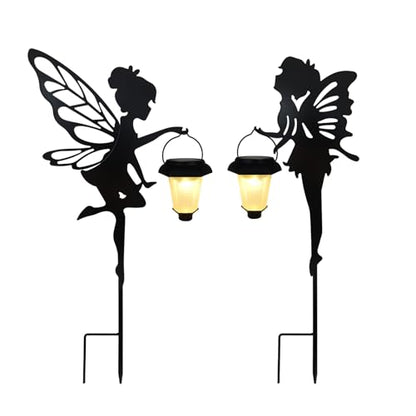 SUNNYPARK 2 Pack Solar Fairy Garden Metal Stake Decorative Lantern - size: Fairy2
