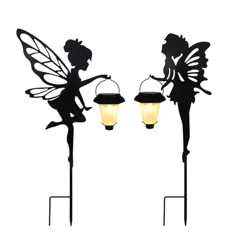 SUNNYPARK 2 Pack Solar Fairy Garden Metal Stake Decorative Lantern - size: Fairy2