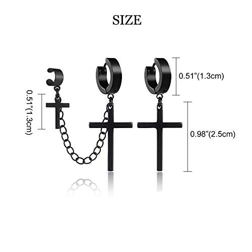 Unisex Punk Hip Hop Stainless Steel Silver Black Gold Tone Lock Thunder Lightning Bolt Dangle Huggie Hoop Earrings Gift for Women Men Boy Teens - color: Black-Asymmetric Cross