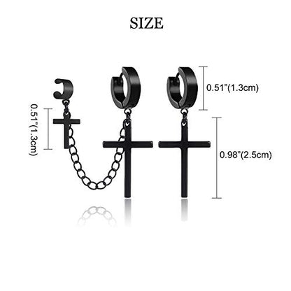 Unisex Punk Hip Hop Stainless Steel Silver Black Gold Tone Lock Thunder Lightning Bolt Dangle Huggie Hoop Earrings Gift for Women Men Boy Teens - color: Black-Asymmetric Cross