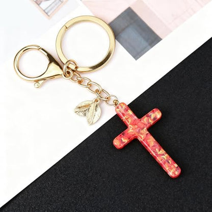 Angyape Cute Christian Cross Keychain for Women Purse Bag Charms Car Key Rings Accessories Flower Design Jesus Faith Gifts - color: N：red