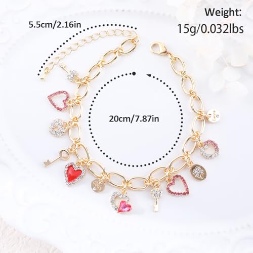 Boho Cute Gold Charm Link Bracelet for Women Starfish Clover Cross Star Lock Key Heart Pearl Charm Bracelets Vacation Spring Summer Santa Claus Reindeer Christmas Party Jewelry Gifts for Womens - style: Red Heart
