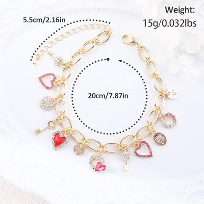 Boho Cute Gold Charm Link Bracelet for Women Starfish Clover Cross Star Lock Key Heart Pearl Charm Bracelets Vacation Spring Summer Santa Claus Reindeer Christmas Party Jewelry Gifts for Womens - style: Red Heart