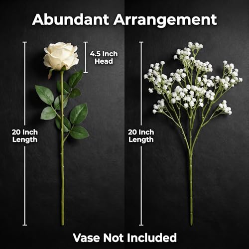 50 Pcs Artificial Rose Bouquet with Baby's Breath, Fake Silk White Roses Realistic Rose for Wedding Centerpieces Flower Arrangement Home Decor