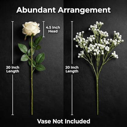 50 Pcs Artificial Rose Bouquet with Baby's Breath, Fake Silk White Roses Realistic Rose for Wedding Centerpieces Flower Arrangement Home Decor