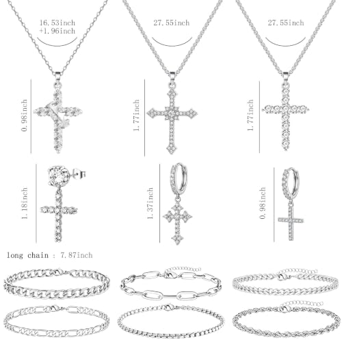 NEWITIN 37 Pieces Silver Jewelry Set for Men Stainless Steel Cross Jewelry - color: Shiny Silver
