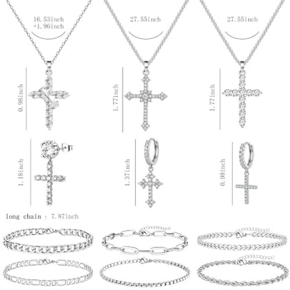 NEWITIN 37 Pieces Silver Jewelry Set for Men Stainless Steel Cross Jewelry - color: Shiny Silver