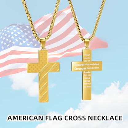 American Flag Cross Necklace for Men, Christian Confirmation Baptism Gifts - color: Gold, style: Brave Strong