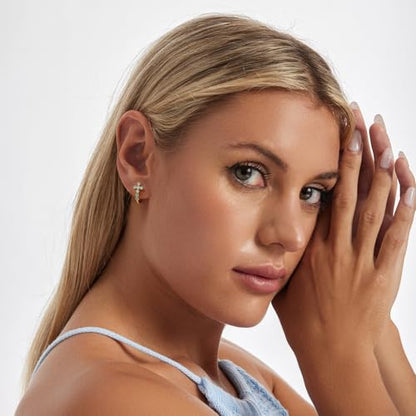 Turquoise Cross Hoop Earrings for Women 14K Gold Plated Infinity Angel Feather Pearl Turquoise Cross Star Hypoallergenic Post Christan Everyday Huggie Jewelry Gift - color: Gold Cross
