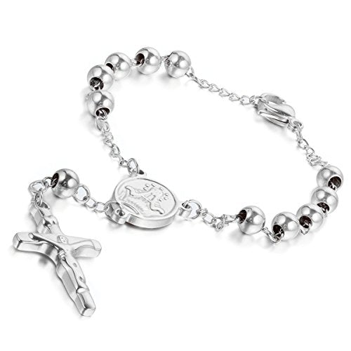Cupimatch Religious Stainless Steel Beaded Rosary Cross Charm Bracelet for Men Women 8.6", Gold (Silver) for Mother's Day - color: Silver