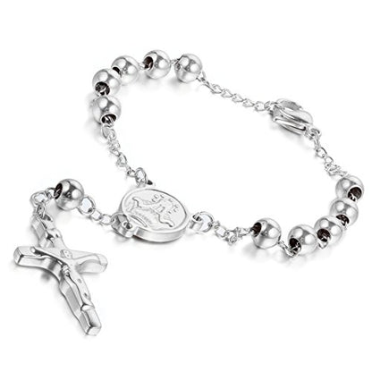 Cupimatch Religious Stainless Steel Beaded Rosary Cross Charm Bracelet for Men Women 8.6", Gold (Silver) for Mother's Day - color: Silver