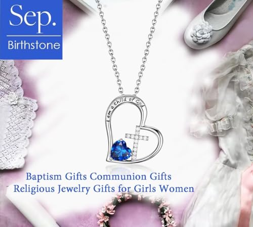 Birthstone Cross Necklace for Girls, Child of God Cross Gifts Jewelry - color: 09. September, style: 01. Silver
