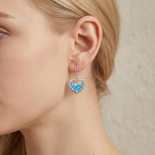 AOBOCO 925 Silver Mustard Seed Cross Heart Dangle Drop Earrings Women - color: Silver-Blue Opal