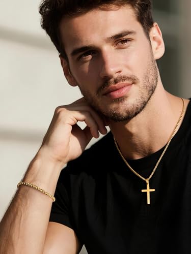 NORBU Stainless Steel Cross Necklace and Bracelet Set for Men, Cuban Link - color: Gold Box