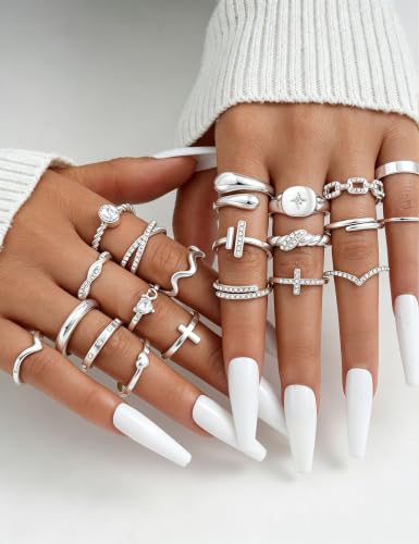 Gold Stackable Rings Set for Women, Gold Plated Chunky Crystal Finger Rings - color: Silver CZ