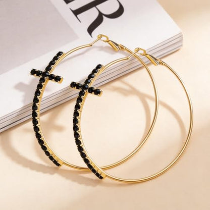Large Cross Hoop Earrings for Women Sparkly Rhinestone Statement Jewelry for Prom Wedding Party Night Out Accessories Shiny Silver Tone Fashion Dangle Earings - color: Black