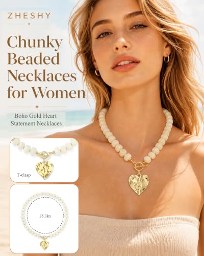 ZHESHY Chunky Beaded Necklaces for Women Heart Cross Statement Necklace - color: White 3