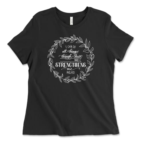 Christian Shirts for Women, Bible Verse Scripture, Jesus Faith Graphic Tee - color: Philippians 4:13 Wreath — Black, size: X-Large