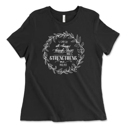 Christian Shirts for Women, Bible Verse Scripture, Jesus Faith Graphic Tee - color: Philippians 4:13 Wreath — Black, size: X-Large
