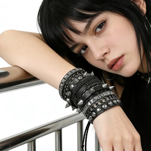 4 Pcs Leather Cuff Bracelets for Men with Spiked Cross Studded Stars Charms - color: Black-Spikes