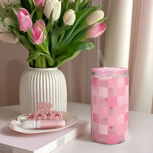 SANDJEST Checker 16 Oz Can Glass Tumbler with Acrylic Lid and Straw - Iced Coffee Cups for Women, Aesthetic Glass Cup Gift for Birthday Christmas - color: Checker 2
