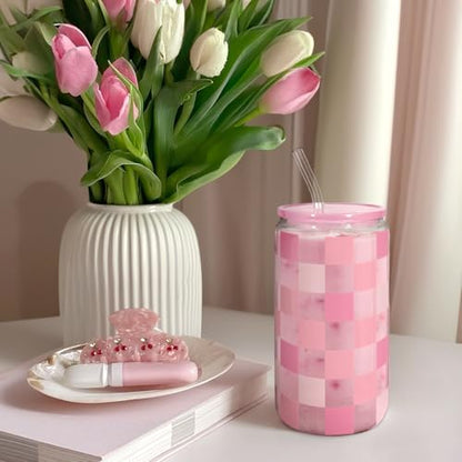 SANDJEST Checker 16 Oz Can Glass Tumbler with Acrylic Lid and Straw - Iced Coffee Cups for Women, Aesthetic Glass Cup Gift for Birthday Christmas - color: Checker 2