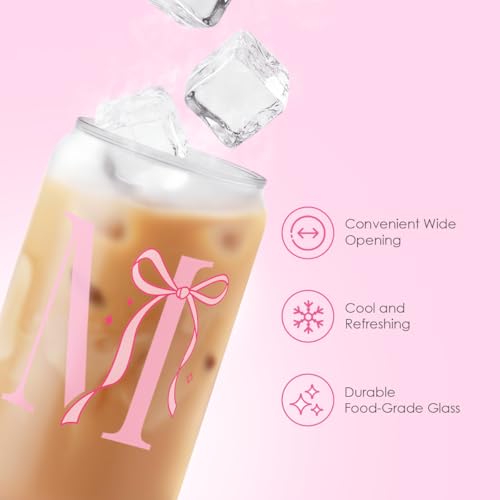 SANDJEST Monogrammed Glass Drinking Can Cup with Acrylic Lid and Straw, Personalized Frosted Iced Coffee Tumbler 16oz, Monogram Initial Gifts for Women Girls on Birthday (M) - color: M