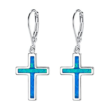 EVER FAITH 925 Sterling Silver Cross Earrings Created Opal Dangle Leverback Earring Minimalist Church Jewelry - color: Blue