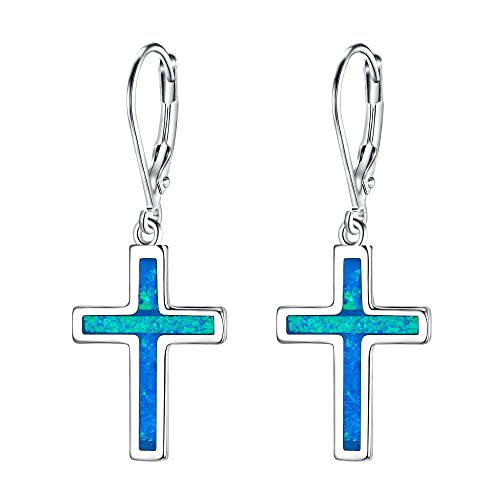 EVER FAITH 925 Sterling Silver Cross Earrings Created Opal Dangle Leverback Earring Minimalist Church Jewelry - color: Blue