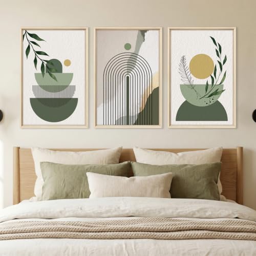 HOURIA Boho Sage Green Geometric Framed Canvas Wall Art Set- 16"x24"x3 - color: Boho Sage Green Wall Art, size: 16"L x 24"W