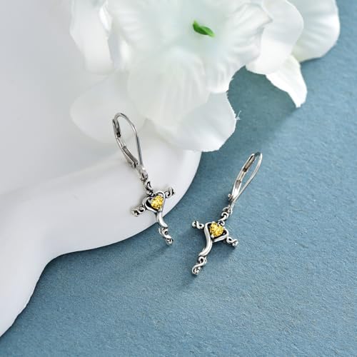 TOUPOP Cross Birthstone Earrings 925 Sterling Silver Heart Cross Dangle Earrings Fine Jewelry Christmas Birthday Gifts for Women Wife Mom Her - color: White Gold-11-November-Citrine