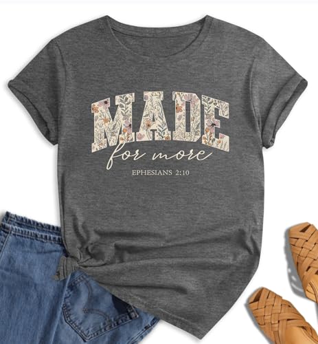 Christian Shirts for Women：Bible Verse T-Shirts Jesus God Faith Floral Graphic Vintage Boho Tees Short Sleeve Tops - color: Darkgrey Made, size: X-Large