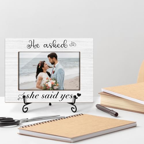 Wedding Gifts Wooden Picture Frames 4x6 - He asked, She said Yes, Engagement Photo Frame With Stand for Engaged Couples, Proposal Picture Frame Display Frame Desk Decor Home Decor (Horizontal) -31 - style: He asked, She said Yes