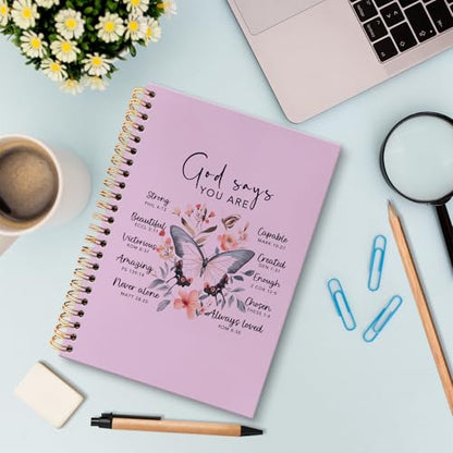 huester Christian Journal, Inspirational Christian Butterfly Church Notes Notebook Journal for Women, God Says You Are Bible Scripture Purple Journal Notebooks for Note Taking, Bible Journaling Hardcover Paper Spiral Notebook, 5.5x8.3 Inch - color: purple