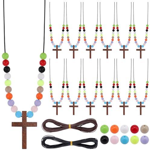 34Set DIY Wood Cross on Cord Pendant Necklaces 34Wooden Cross Charms 500Colorful Assorted Beads and 20m Wax Cord Wooden Crosses Necklaces Christian Crafts for Religious Easter Christian Party Favor