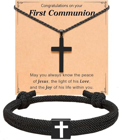Cross Bracelet Cross Necklace Jewelry Set for Boys, First Communion, Baptism, Confirmation Gifts for Teenage Boys