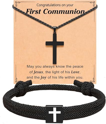 Cross Bracelet Cross Necklace Jewelry Set for Boys, First Communion, Baptism, Confirmation Gifts for Teenage Boys