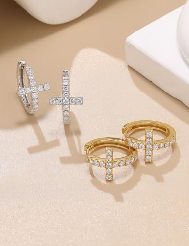 Moissanite Sterling Silver Cross Earrings for Women Huggie Drop - color: Cross Hoops (Gold)