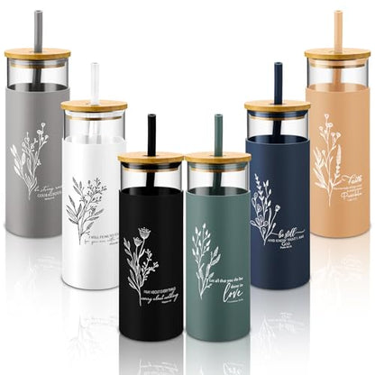 Jingmore 6 Pcs 16oz Glass Cups with Straw and Lid Bulk, Christian - style: Christian