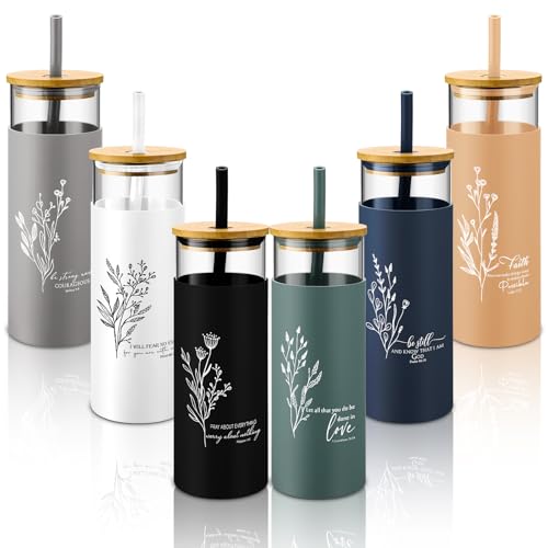 Jingmore 6 Pcs 16oz Glass Cups with Straw and Lid Bulk, Christian - style: Christian