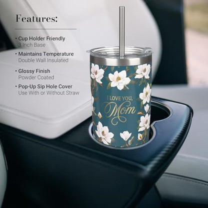 Christian Art Gifts Large Stainless Steel Double Wall Vacuum Insulated Travel Tumbler for Mothers: Love You, Mom, Inspiring Scripture, Hot/Cold, Flip Top Lid, Resusable Straw, Dark Teal Floral, 18 oz. - color: Dark Teal Floral/Mom