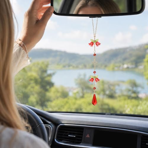 Cross Suncatcher Car Rearview Mirror Charm Red Lily of Valley - color: Red - Flower