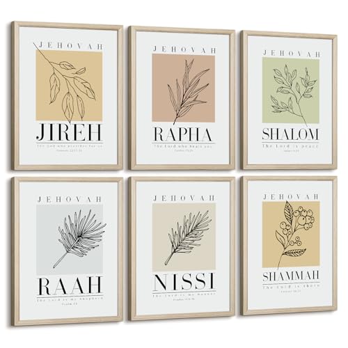 Bible Wall Art Print Set of 6 Christian Scripture Wall Art Decor Jehovah Jireh Rapha Shalom Shammah Nissi Raah Wall Art Bible Verse Poster Modern Minimalist for Bedroom Home 12x16 Inch Wood Framed - color: Boho Botanical Art Prints, size: 12x16 Inch Frame