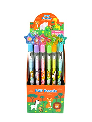 TINYMILLS 24 Pcs Safari Jungle Animals Stackable Push Pencil Assortment with Eraser for Party Favors Goodie Bag Stuffers VBS Classroom Rewards Pinata Fillers Carnival Prize Barnyard Party